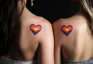 Tiny hearts shaded with a sunset gradient of orange, pink, and purple across each partner shoulder blades. tattoo idea