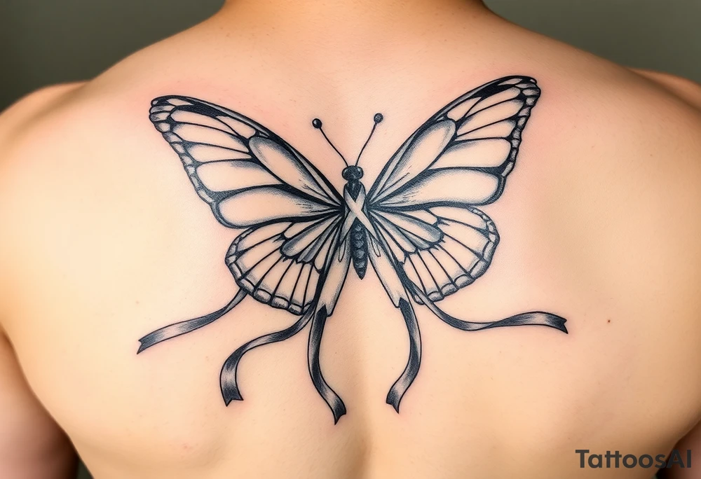 ethereal butterfly with flowing silk HIV-positive symbol ribbons in moonlight tattoo idea