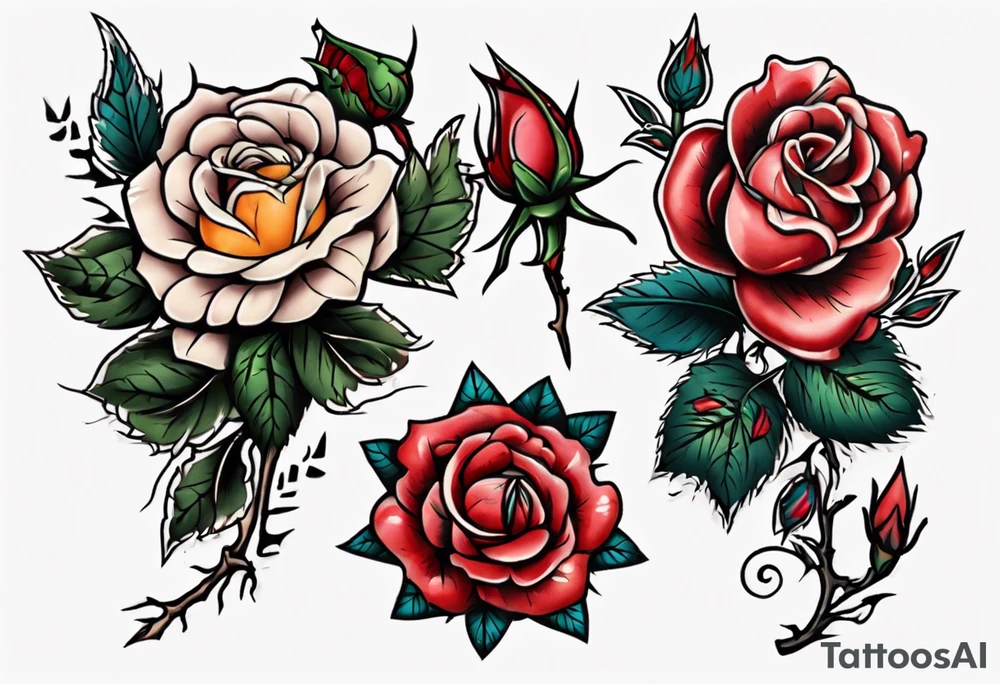 American Traditional rose with three american traditional flowers around it tattoo idea