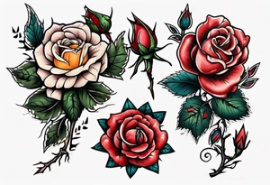 American Traditional rose with three american traditional flowers around it tattoo idea