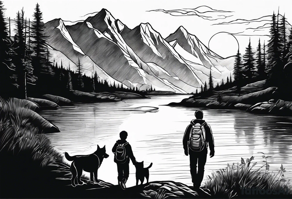 nature, sunset, mountains, a father and son hiking with their dog and cat by the water tattoo idea