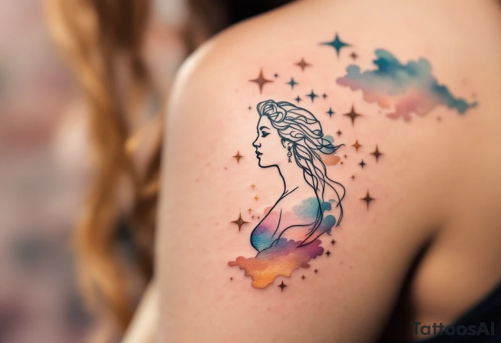 The Virgo stars constellation glow in soft gold across a watercolor pastel sky with a white silhouette of the Virgo goddess. tattoo idea