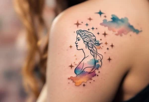The Virgo stars constellation glow in soft gold across a watercolor pastel sky with a white silhouette of the Virgo goddess. tattoo idea
