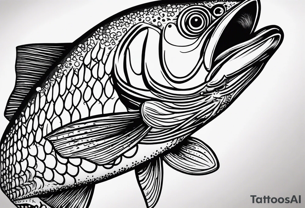 A small tattoo with a shaded trout and text that says, 'Como la trucha...' drawn with fine lines." tattoo idea
