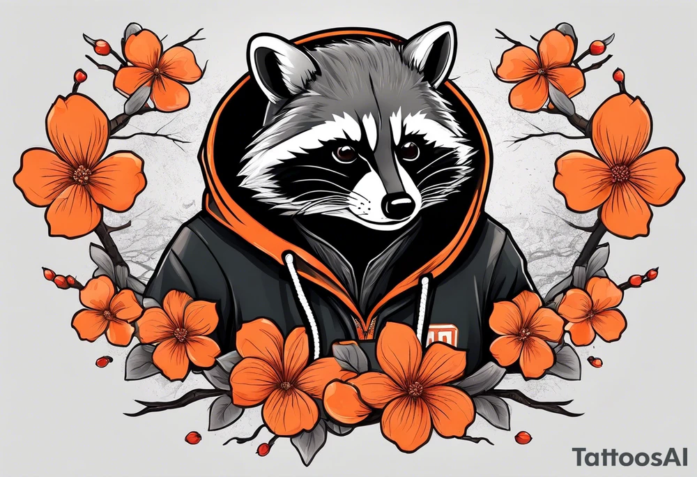 Raccoon wearing a white Superman logo on a black hoodie and orange Japanese cherry blossoms beside tattoo idea
