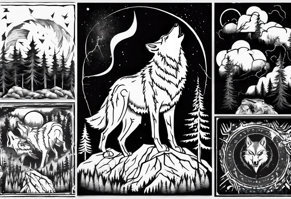 lightning storm over a forest with a distant wolf howling, including drums tattoo idea
