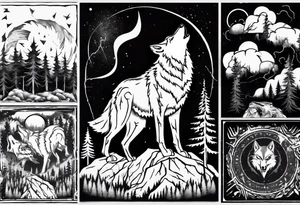 lightning storm over a forest with a distant wolf howling, including drums tattoo idea