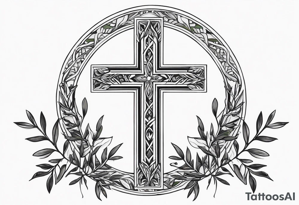 Christian cross with olive branches around it tattoo idea Christian cross with olive branches around it tattoo idea