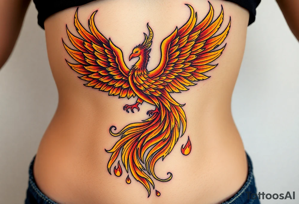 magnificent phoenix rising from golden flames with trailing embers tattoo idea