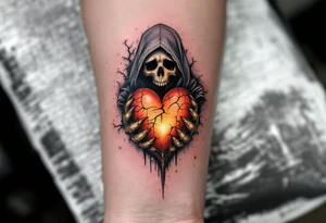 A Reaper with a cracked hourglass heart glowing orange, surrounded by fading gray mist. tattoo idea