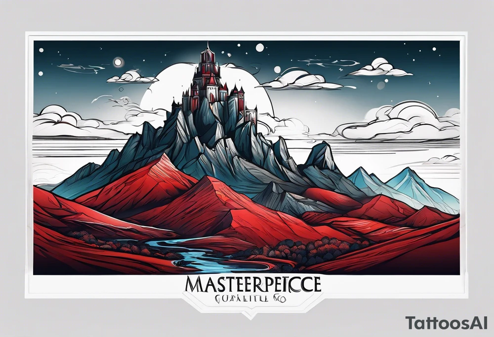 red mountains which there are two fantasies castles. tattoo idea