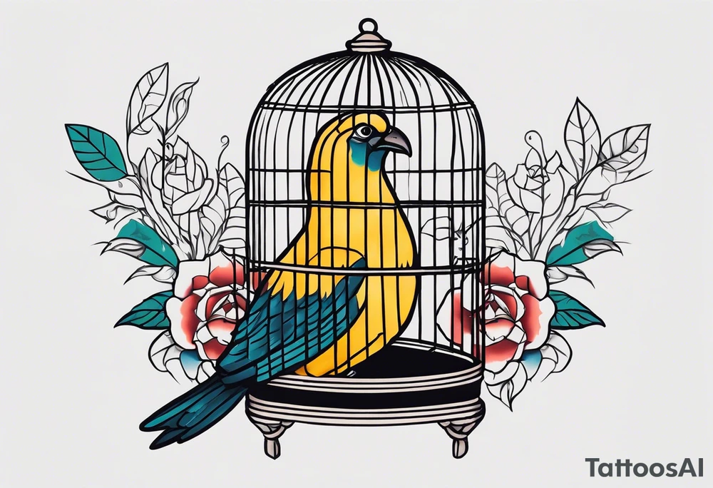 neo traditional decoration only on the left side, on the top of a long bird cage with a too big bird in it. no color tattoo idea