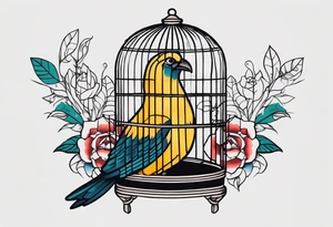 neo traditional decoration only on the left side, on the top of a long bird cage with a too big bird in it. no color tattoo idea