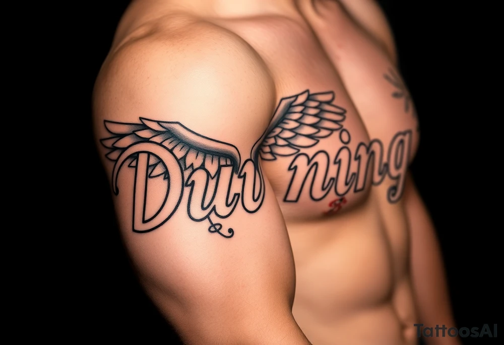 Dunning, Details include name in white color,angel wing, rain drop jungles leaves,cool font, gold tattoo idea