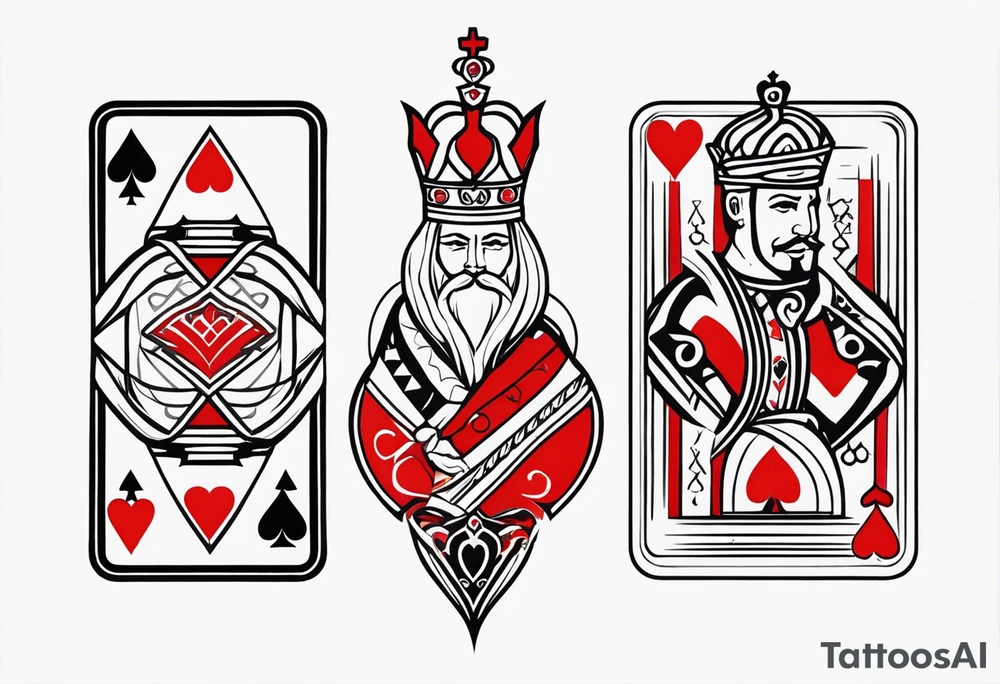 one combined tatto in minimalistic style with icon style three king of spades and icon style one queen of hearts. extreme minimalstic and few lines. much more minimalistic and fewer lines tattoo idea