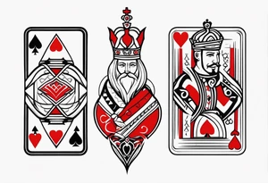 one combined tatto in minimalistic style with icon style three king of spades and icon style one queen of hearts. extreme minimalstic and few lines. much more minimalistic and fewer lines tattoo idea