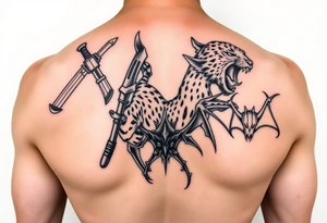Tattoo design featuring Kuwabaras spirit Sword, Yusukes spirit gun, Toradoras palm top tiger, and the Deimon devil bat tattoo idea