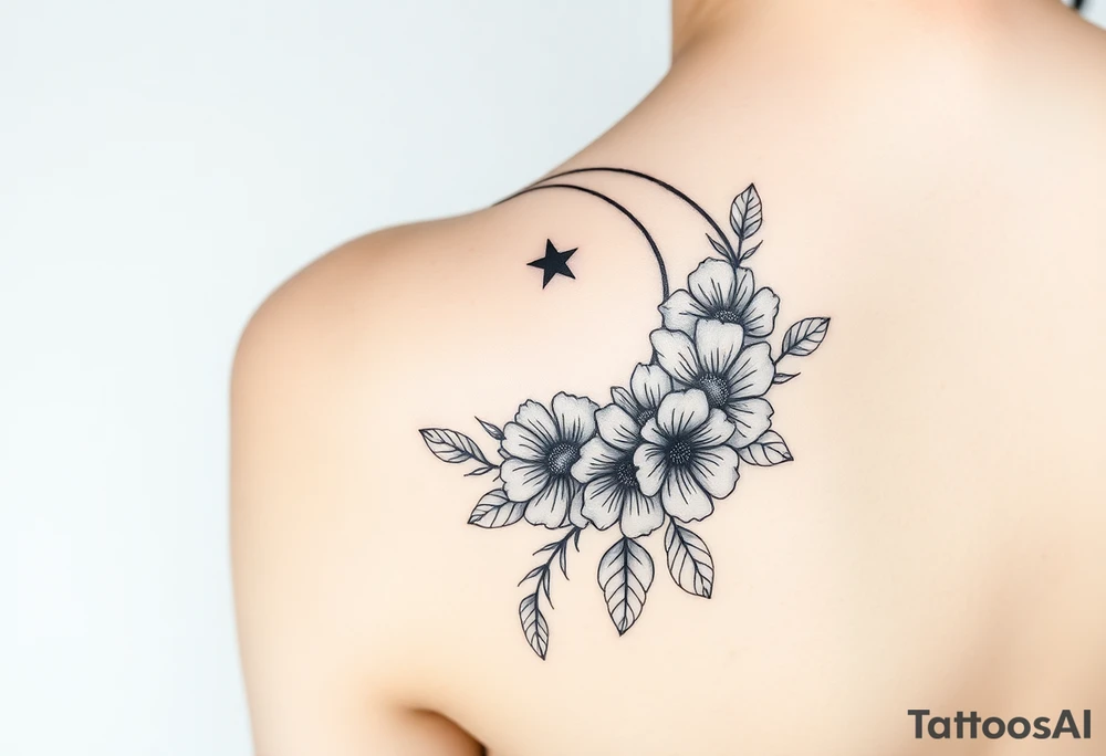 Flower sleeve surrounded by moon and star design for arm tattoo idea