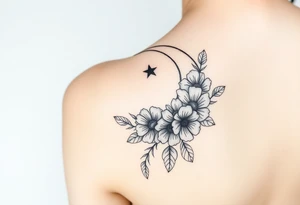 Flower sleeve surrounded by moon and star design for arm tattoo idea