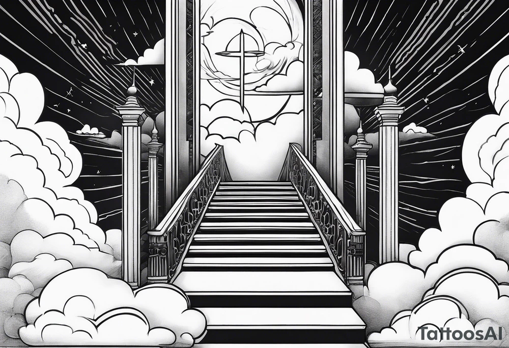 Staircase that leads through the clouds to heaven and ends at the gates of heaven. At the end there is a bright light tattoo idea