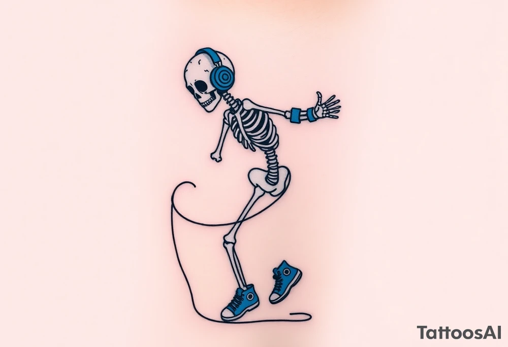 Minimalist funny looking  young skeleton skipping on a jumping rope with blue headphone blue tennis shoes blue arm bands and music notes colorful tattoo idea