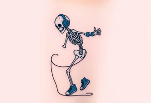 Minimalist funny looking  young skeleton skipping on a jumping rope with blue headphone blue tennis shoes blue arm bands and music notes colorful tattoo idea