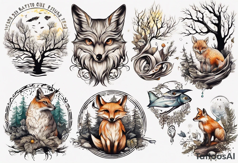 sonne, eule  wald, fuchs 
baum, sapere aude, Wasser, fisch tattoo idea