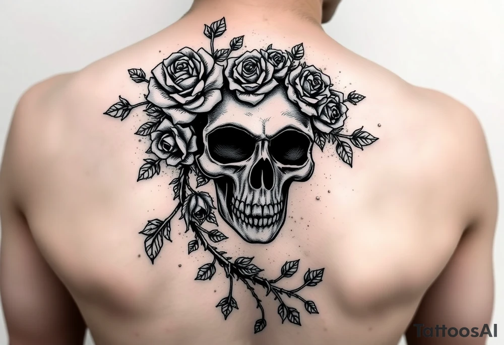 gothic skull intertwined with climbing roses and thorny vines tattoo idea