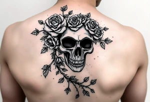 gothic skull intertwined with climbing roses and thorny vines tattoo idea