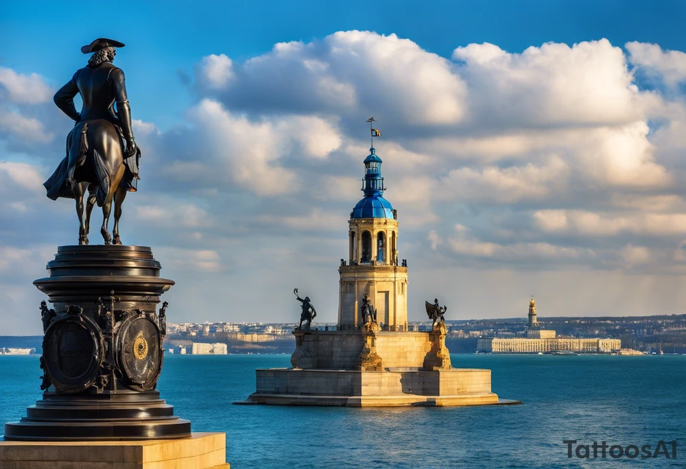In the foreground stands the majestic figure of Duke de Richelieu, the renowned governor, pointing forward as if commanding the waves of the Black Sea. Surrounding him are symbols of Odesa - a ship's wheel representing the city's maritime heritage, a lighthouse beacon guiding seafarers, and the monumental Potemkin Stairs descending to the port. In the background, the waves of the Black Sea, intrinsic to Odesa's coastal identity, seem to applaud its grandeur. This tattoo embodies the unique spirit of Odesa, its rich history, and inseparable bond with the sea. tattoo idea