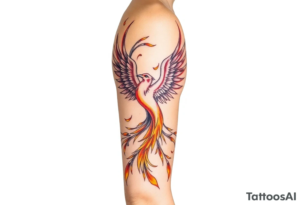 magnificent phoenix rising from golden flames with trailing embers tattoo idea