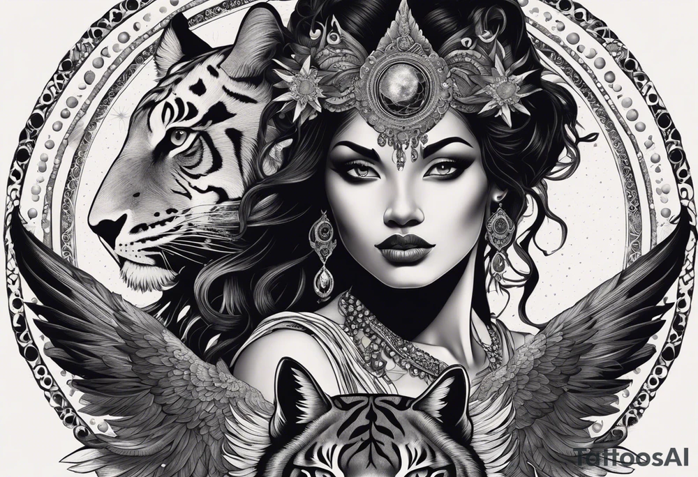 black kali, goddess pirate, alien, angel, pachamama, valkrye, warrior, flying, skull, lotus azul, wing, eagle, zenza resonance, stars, 5D, anahata chakra, death, durga, riding on a tiger, flying lady, kundalini, chest tatoo, samuri, rebel,serpent tattoo idea