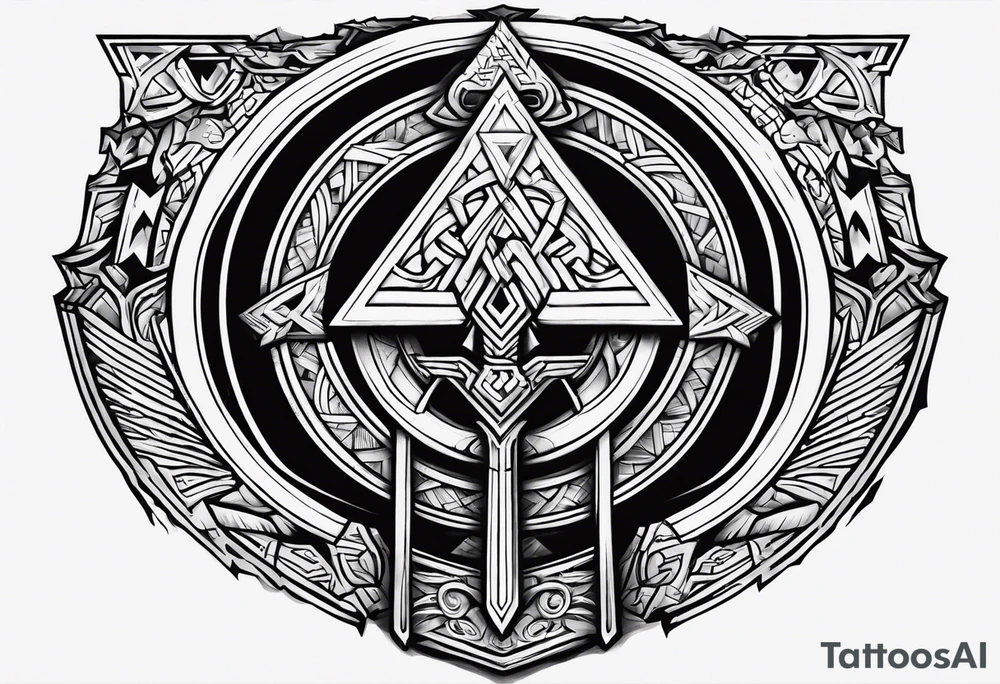 Valhalla stairs sword shield axe Valknut tattoo idea