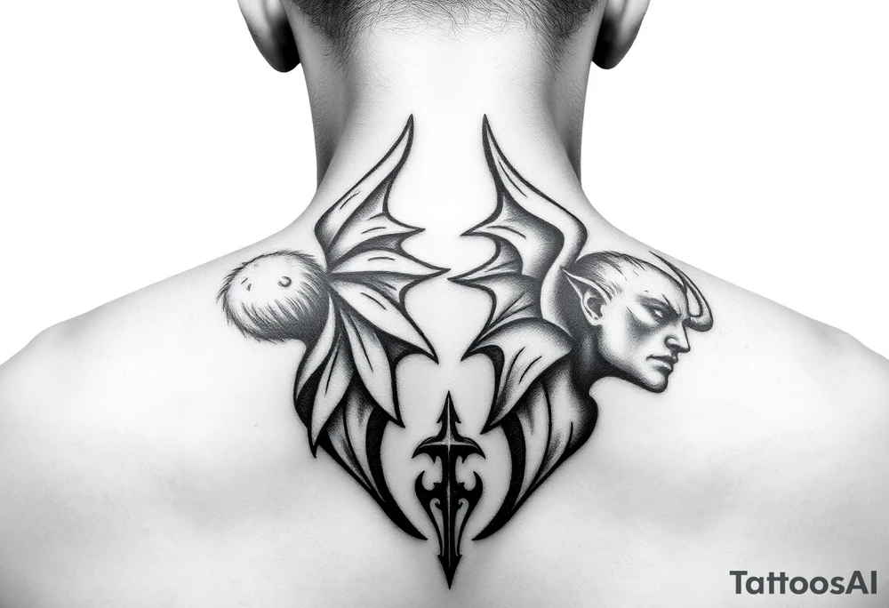 position behind the neck Angel (on the right) whispering in the right ear, demon (on the left) whispering in the left ear. It must be as realistic as possible. tattoo idea