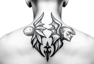 position behind the neck Angel (on the right) whispering in the right ear, demon (on the left) whispering in the left ear. It must be as realistic as possible. tattoo idea