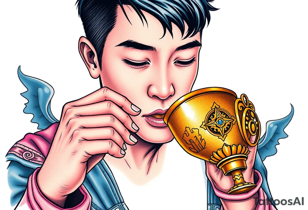 Handsome Asian young guy is drinking from medieval golden cup tattoo idea