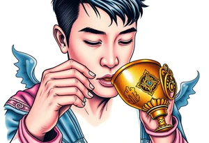 Handsome Asian young guy is drinking from medieval golden cup tattoo idea