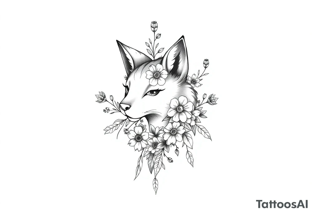 pCREATE A FURRY TATTOO DESIGN FURSONA ANTROPOMORPHIC IMAGE FOR ANTIFACIST LIBERAL WITH FLOWERS AND PLANTS GROWING FROM THE FURSONA tattoo idea