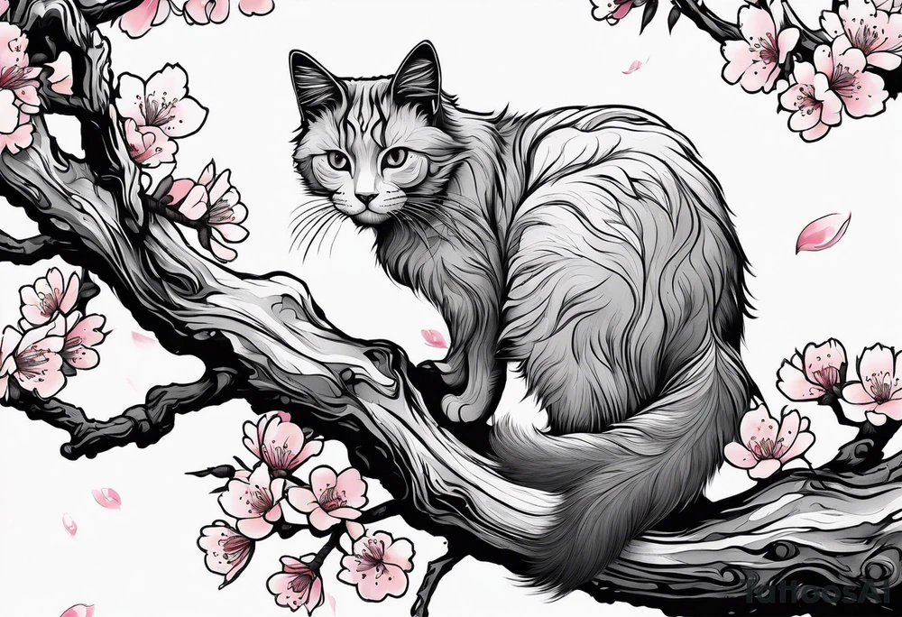 elongated cherry blossom branch meeting with a dying pine tree with hidden cute demon cat tattoo idea