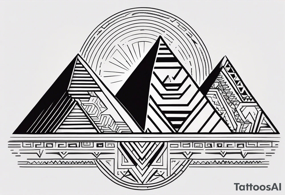 Create a tattoo design in a linear geometric art style depicting images associated with Peru, such as the Andes Mountains, Machu Picchu, llamas or traditional textile patterns. The tattoo should be done in a monochromatic black and white color scheme with clear outlines and minimal details to create an elegant and modern composition. tattoo idea