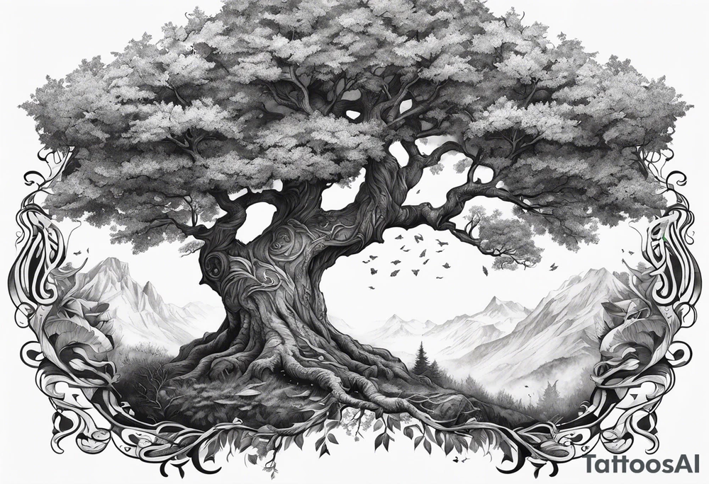 Tattoo of the norse world tree, one half is rotten, the other is full of leaves tattoo idea