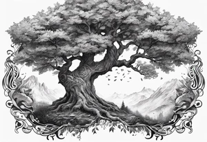 Tattoo of the norse world tree, one half is rotten, the other is full of leaves tattoo idea