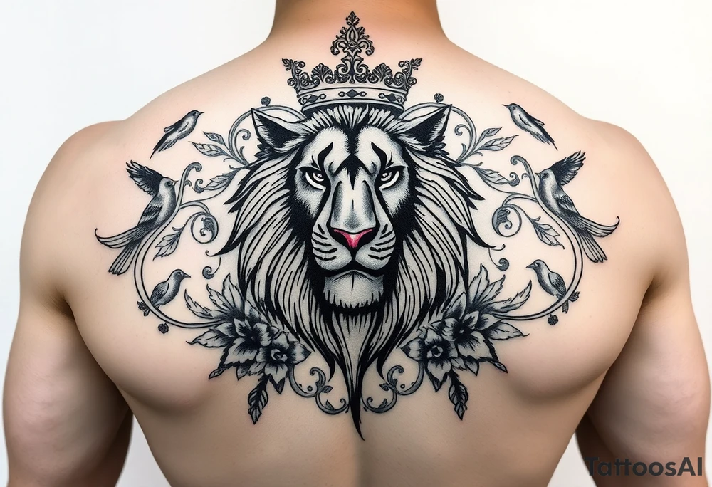 powerful majestic lion with a crown, surrounded by floral ornaments and birds tattoo idea