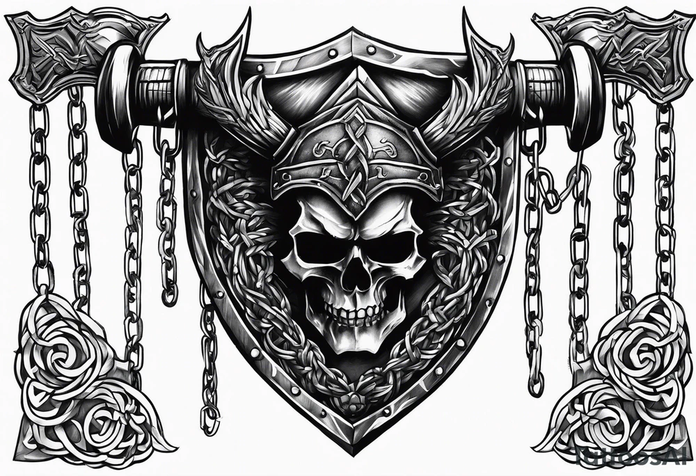Valhalla sword shield axe barbed wire chains dark cloud tattoo idea