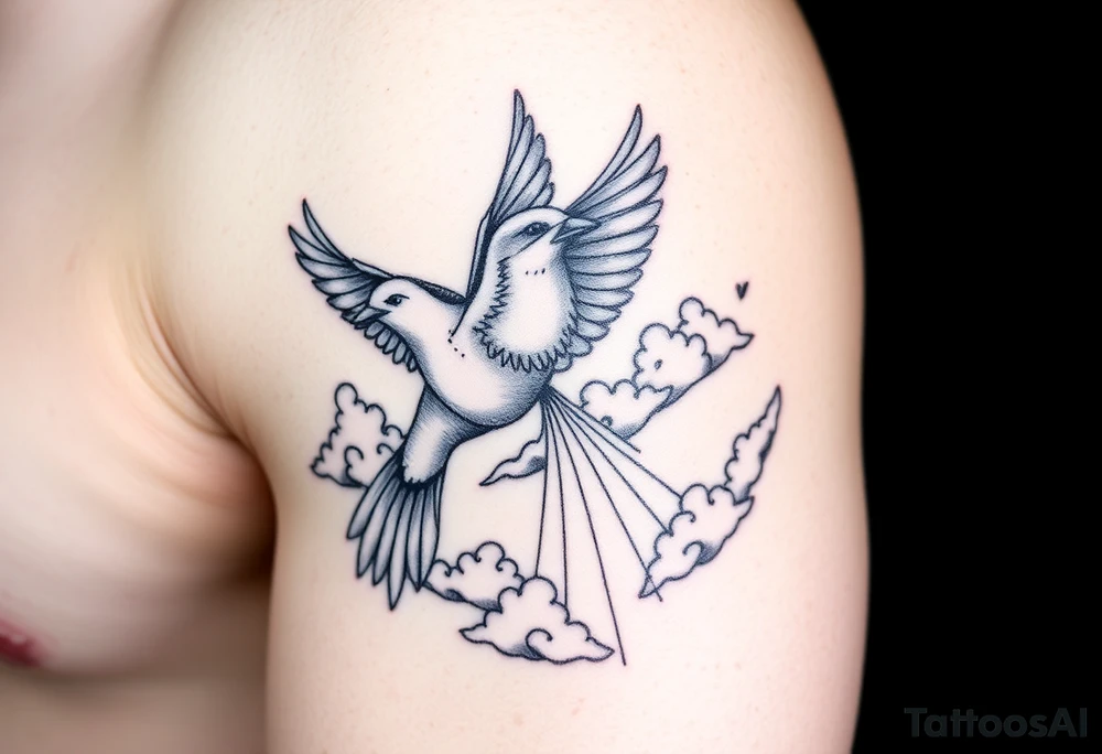 Dove and a blue jay, clouds, shining light to or from heaven tattoo idea