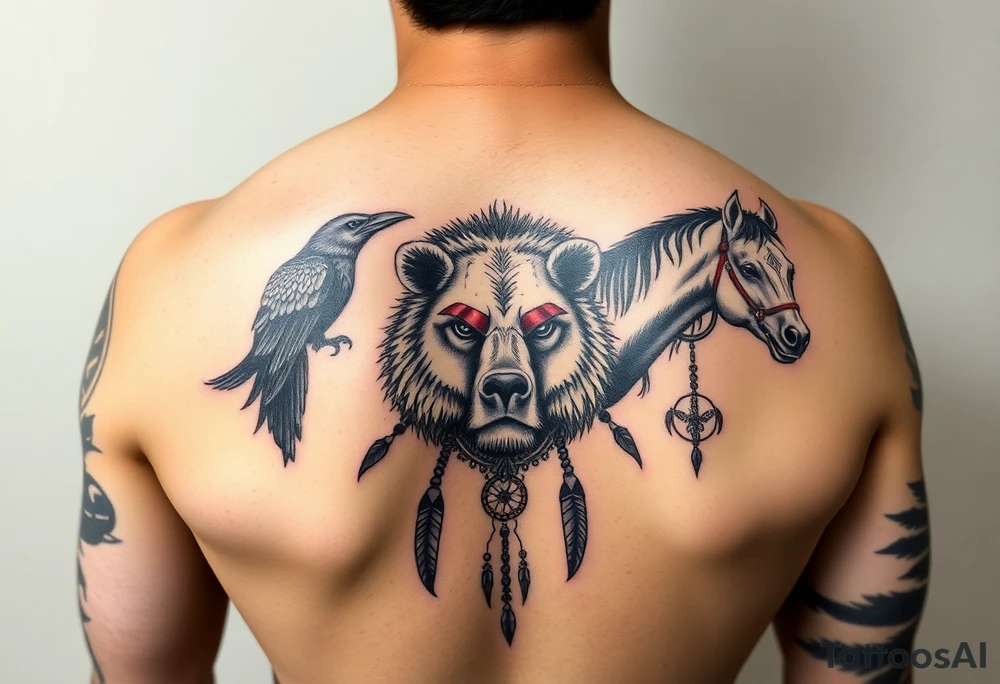 Native American 3/4 arm sleeve with black and grey realism featuring a raven, wild horses, a grizzly with scars over his eyes, and a dream catcher tattoo idea