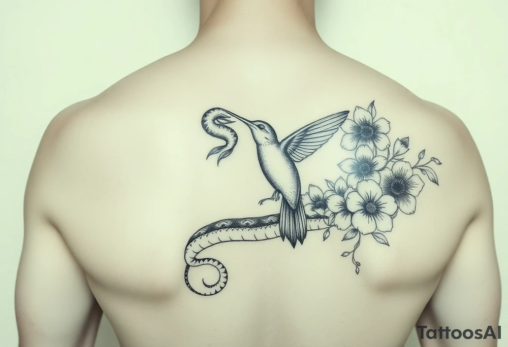 powerful beautiful hissing snake holds hummingbird with flowers tattoo idea