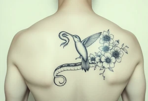 powerful beautiful hissing snake holds hummingbird with flowers tattoo idea