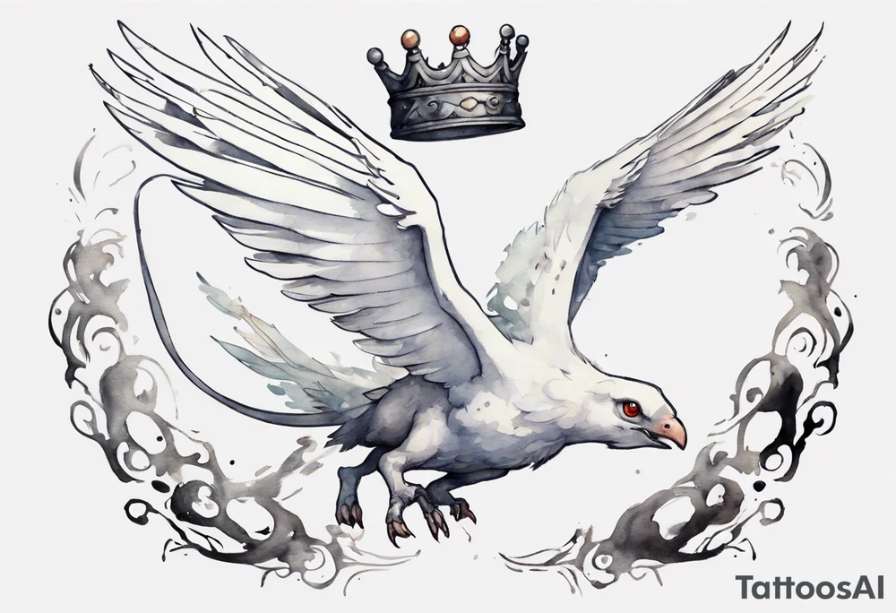 a white bird-serpent hybrid, wearing a small crown on its head, flying in the air tattoo idea