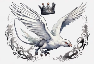 a white bird-serpent hybrid, wearing a small crown on its head, flying in the air tattoo idea